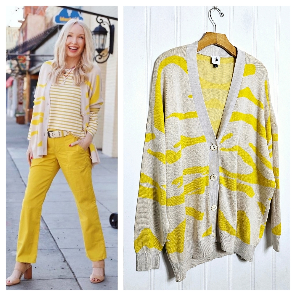 CAbi Roar #5836 Zebra Print Oversized Cardigan Small Yellow Ivory
